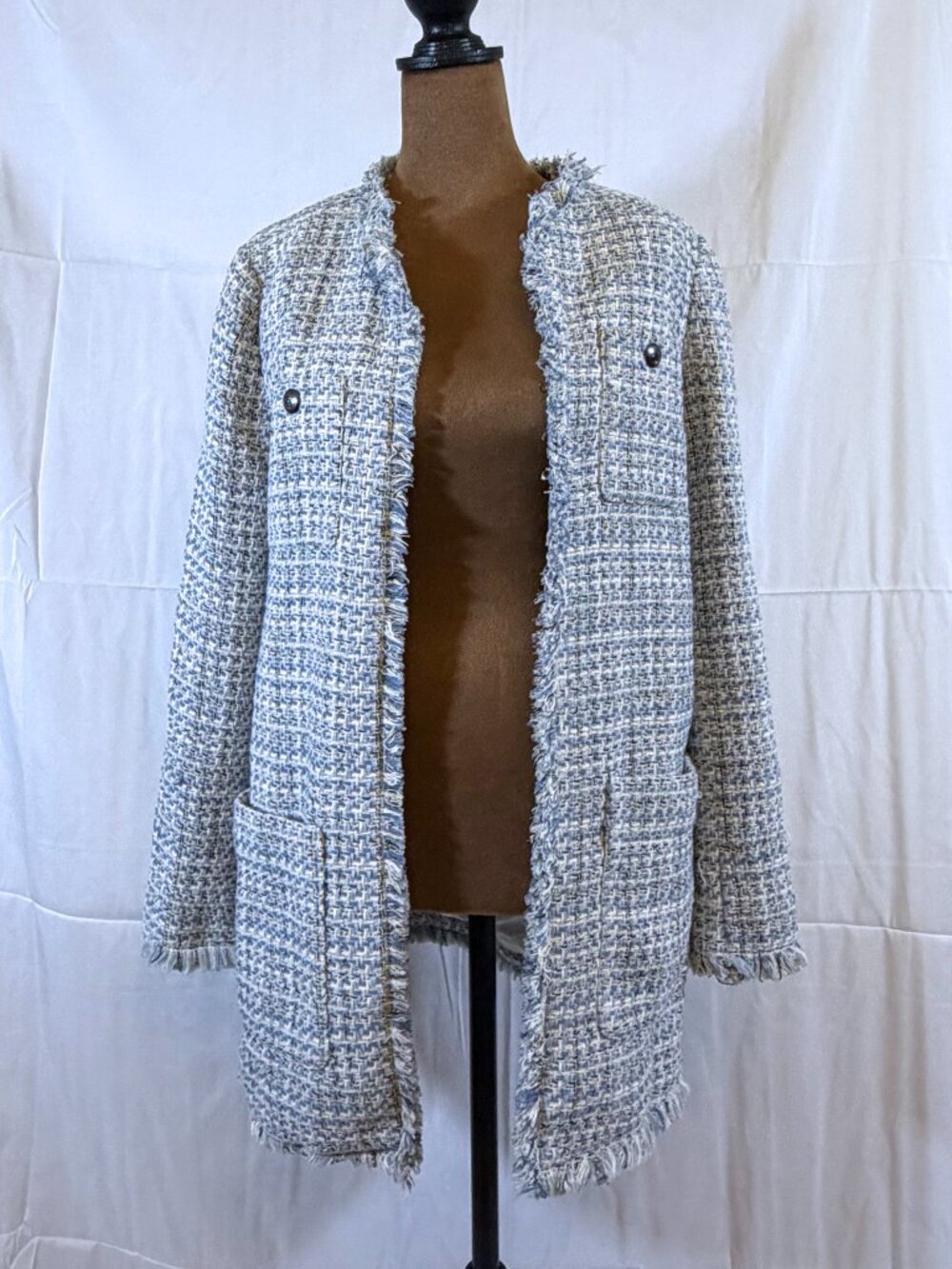 Elie Tahari Blue Tweed Bouclé Fringe Trim Jacket Flap Pockets Lined